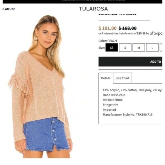 Tularosa Size M Lonestar Fringe Sleeve V-Neck Sweater in Peach Wool Blend - Picture 4 of 13